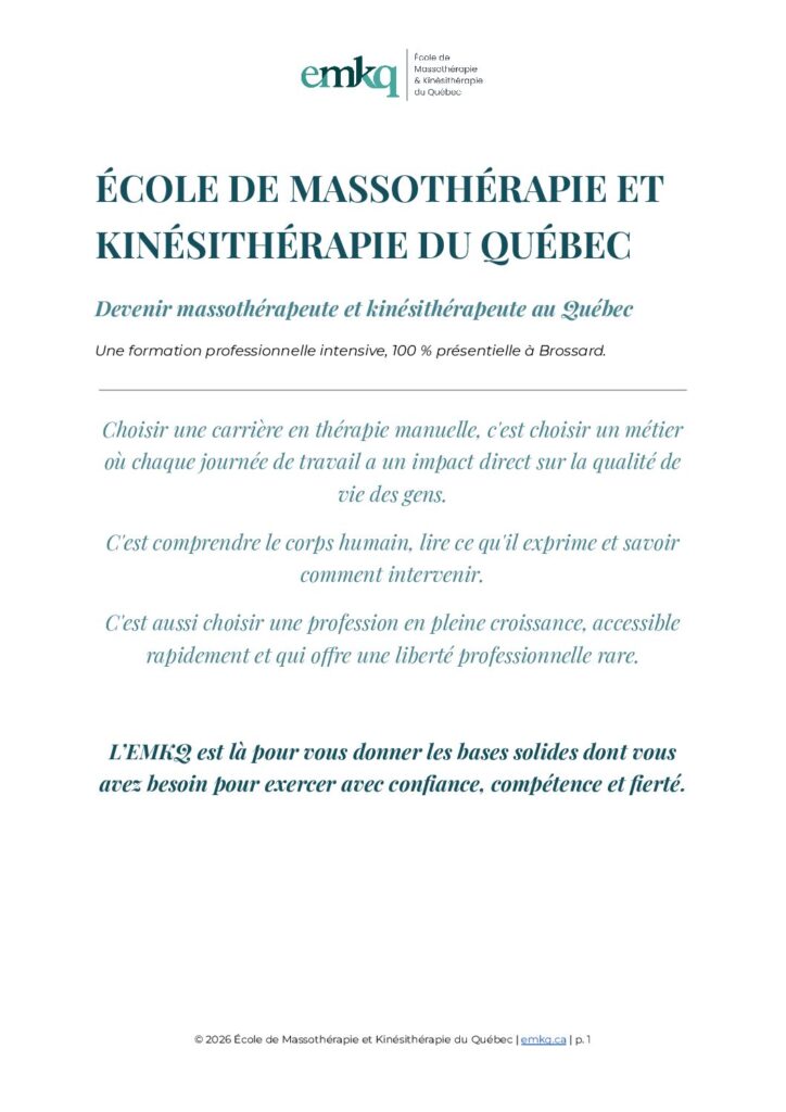Brochure de l’EMKQ sur les formations en massothérapie et kinésithérapie